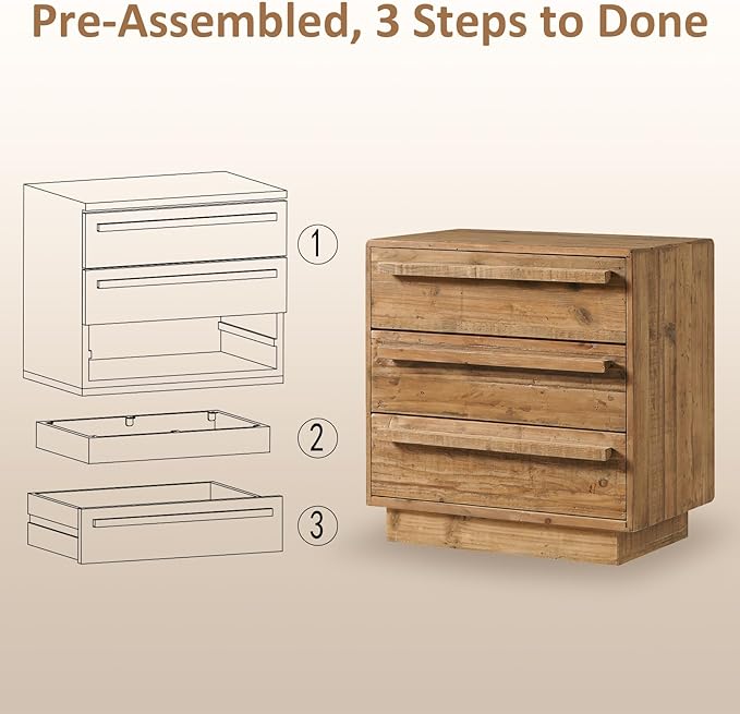 HOKYHOKY Reclaimed Solid Wood Nightstand-24 Inches Large End Table with 3 Drawers, Pre-Assembled Farmhouse Bedside Tables for Living Room, Bedroom