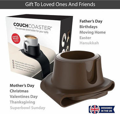 HIT PRODUCTS CouchCoaster® - Original & Patented Armrest Couch Cup Holder, Mocha Brown - A Weighted, Silicone, Anti Slip Coaster Stops Spills On Your Sofa, Armchair Or Recliner & Keeps Drinks in Reach