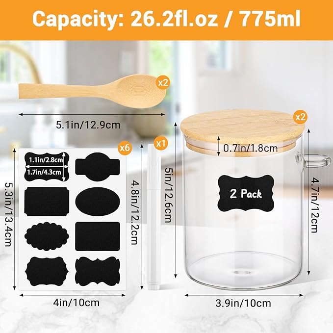 Glass Jars with Bamboo Lids and Spoon - 2 Pack 26 Fl.oz Round Glass Pantry Storage Containers Set, Includes Labels and Marker, Loose Leaf Tea Canister Jar for Sugar, Flour, Beans, Nuts, Oats