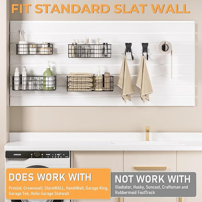 INCLY 30PCS Slatwall Accessories Set, Includes 4 Pack Ventilated Metal Wire Slatwall Baskets and 26PCS Multisized Heavy Duty Slatwall Hooks for Garage Organization Rooms Workshop Storage