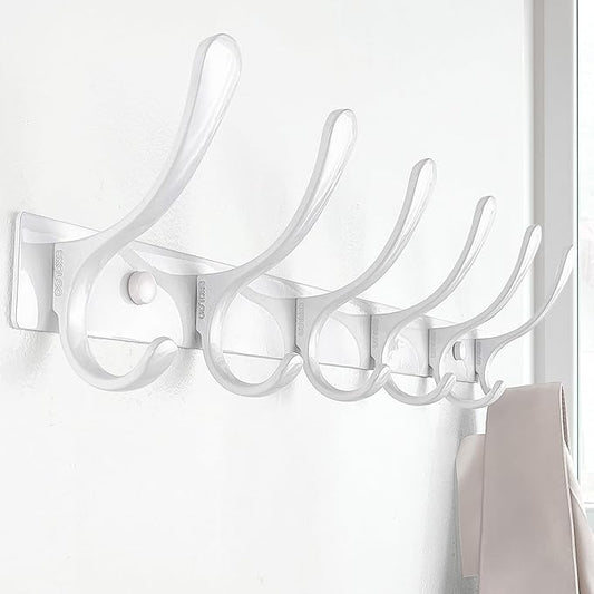 SKOLOO Heavy Duty Wall Mounted Coat Rack - 6 Hooks, Stainless Steel, Pack of 2, Sturdy Coat Hooks for Hanging Clothes, Jacket, Hat, White