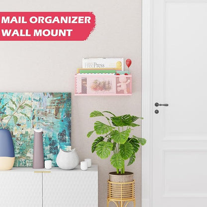 Mail Holder Countertop, Mail Organizer with 2 Slots, Mail Basket Wall Mounted Desktop Mail Sorter Letter Holder Box Envelope Organizer for Home Office, Pink