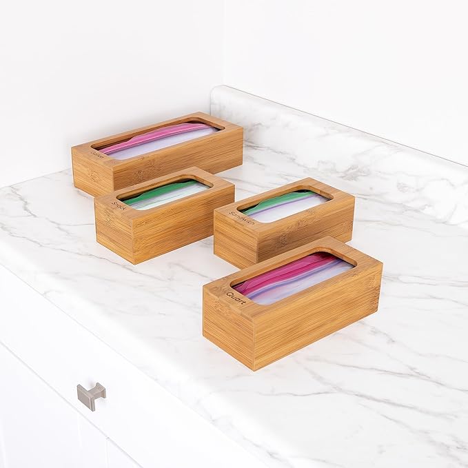 Seville Classics Bamboo Premium Organizer Storage Bins for Kitchen Silverware, Pantry, Closet, Office Desk, Pens, Utensils, Makeup, K Cup, Bamboo, Bag Holder Bin Set (4 Piece)