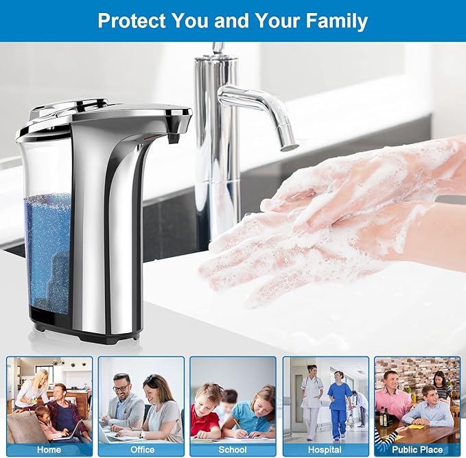 PZOTRUF Automatic Soap Dispenser, Touchless Dish Soap Dispenser 17oz/500ml with Infrared Sensor, 5 Adjustable Soap Levels, Liquid Dispenser for Bathroom Kitchen (Silver)