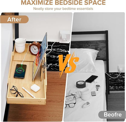 High Capacity Bedside Shelf, Bunk Bed Side Table, Loft Nightstand Organizer Tray, Loft Bed Shelf with Scalable Tray for Dorm Room, Clip On Nightstand with Cord Holder - Natural Bamboo