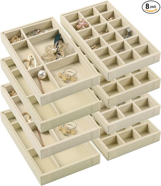 DIOMMELL Set of 8 Stackable Velvet Jewelry Trays Organizer, Jewelry Storage Box Display Trays Showcase Holder Closet Dresser Drawer Organizer for Earring Necklace Bracelet Ring Accessary, Beige