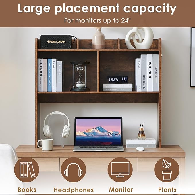Desktop Bookshelf, Wooden Desk Storage Hutch with 5 Shelves, 3-Tier Desktop Display Organizer Rack for Office Home (Brown, 5 Shelves B)