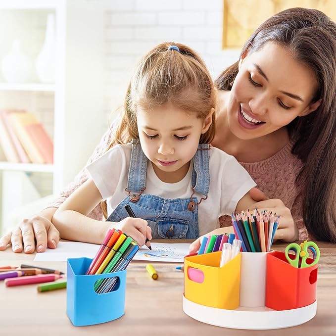 360 Rotating Art Supply Storage Organizer Caddy for Kids - Multicolored Crayon Marker Storage and Pencil Holder for Desk - Classroom Organization