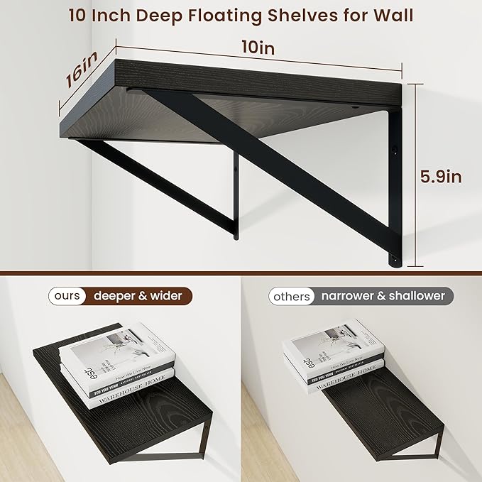 Axeman Deep Floating Shelves | 16 Inch Black Wall Shelves Set of 2 | 10 Inch Deep Wood Floating Shelves for Wall | 16" W x 10" D Black Shelves for Living Room Bathroom Kitchen