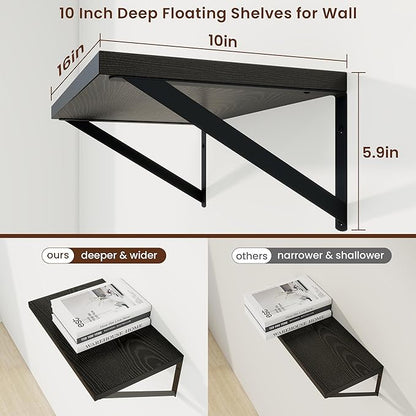 Axeman Deep Floating Shelves | 16 Inch Black Wall Shelves Set of 2 | 10 Inch Deep Wood Floating Shelves for Wall | 16" W x 10" D Black Shelves for Living Room Bathroom Kitchen