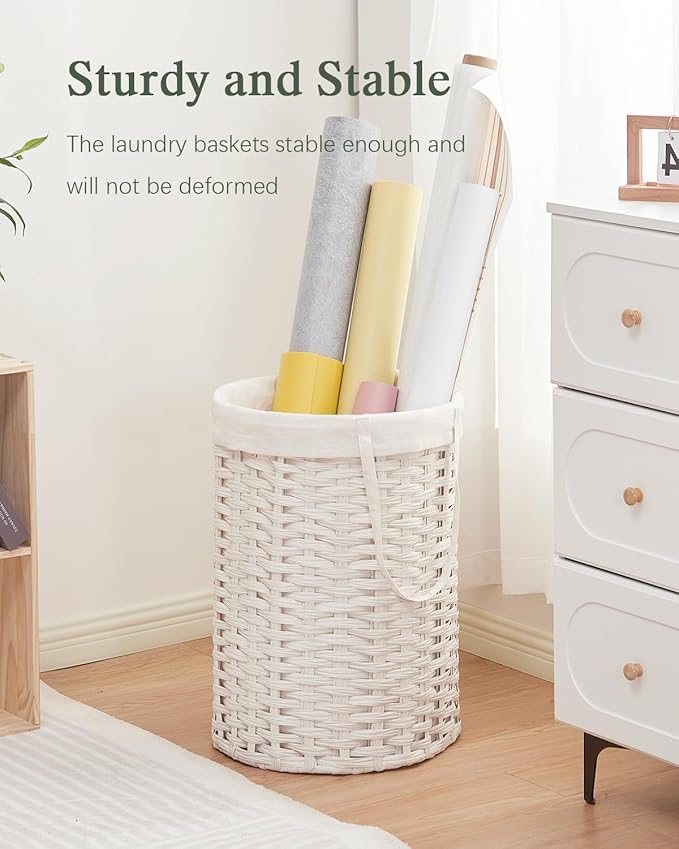 Laundry Hamper Laundry Basket Round 19.0 Gal (72 L) Handwoven Rattan Hamper, Large Wicker Laundry Hamper with Removable Laundry Bag Handles 2 Mesh Bags for Bedroom Living Room White (No Lid)
