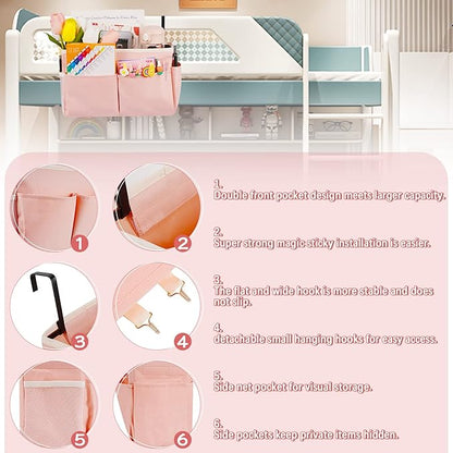 Frjjthchy Bedside Storage Organizer 5 Pockets with 4 Hooks Hanging Storage Bag for Headboards/Bunk Bed (Pink)