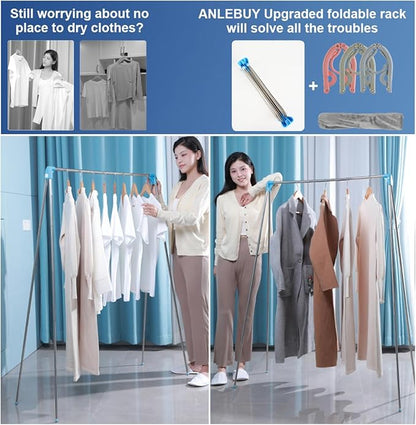 Portable Garment Rack, Folding Clothes Rack, Collapsible Clothing Rack for Dance, Travel, Camping, Laundry, Indoor, Outdoor, Drying, RV, Mini Compact Racks Blue + 3 Foldable Clothes Hangers