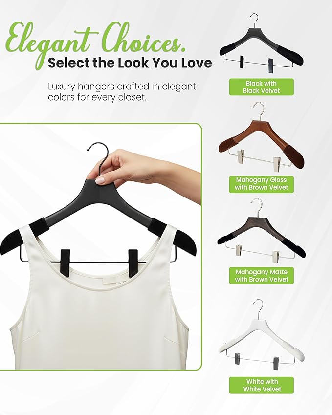 All Hung Up Hangers - Wooden Hangers with Clips for Women, Solid Wood Skirt & Suit Hangers, Heavy-Duty Adjustable Non-Slip Design with Velvet Grip, Black with Black Velvet, 30 pcs
