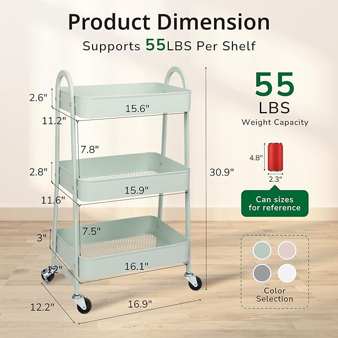 3 Tier Rolling Cart, Utility Cart Kitchen Carts on Wheels with Storage, Multifunctional Metal Organizer Cart for Bathroom, Garage, Baby Diaper, Craft, Art, Teacher, Green