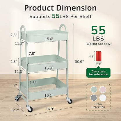 3 Tier Rolling Cart, Utility Cart Kitchen Carts on Wheels with Storage, Multifunctional Metal Organizer Cart for Bathroom, Garage, Baby Diaper, Craft, Art, Teacher, Green