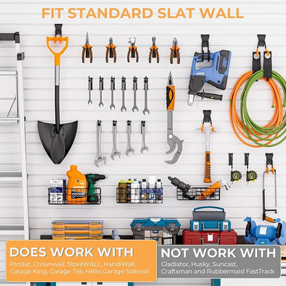 INCLY 27PCS Slatwall Accessories Kit, Includes 3 Pack Ventilated Metal Wire Slat Wall Baskets, Multisized Heavy Duty Slatwall Hooks and Storage Strap for Room Workshop Garage Organization