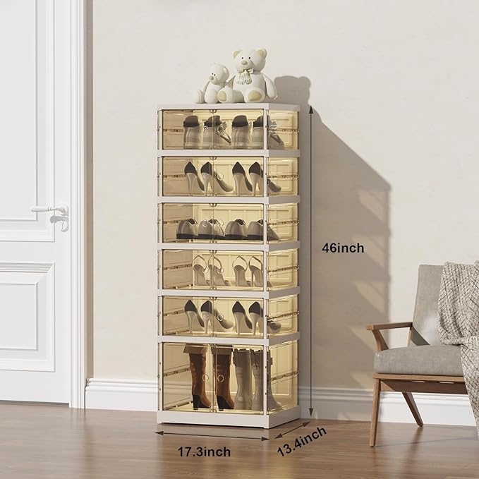 SYNCVIBE Shoe Rack Organizer for Closet Entryway Foldable Sneaker Storage Shoe, Collapsible Shoe Cabinet, Stackable Shoe Storage Cabinet with Lids for Living Room (6 Tiers -12 Pairs Transparent)