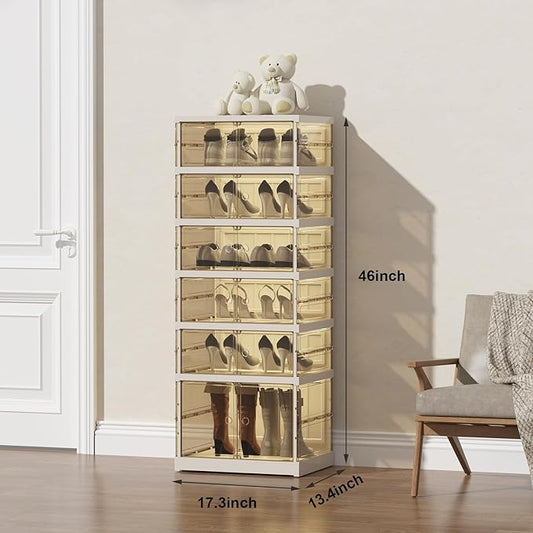 SYNCVIBE Shoe Rack Organizer for Closet Entryway Foldable Sneaker Storage Shoe, Collapsible Shoe Cabinet, Stackable Shoe Storage Cabinet with Lids for Living Room (6 Tiers -12 Pairs Transparent)