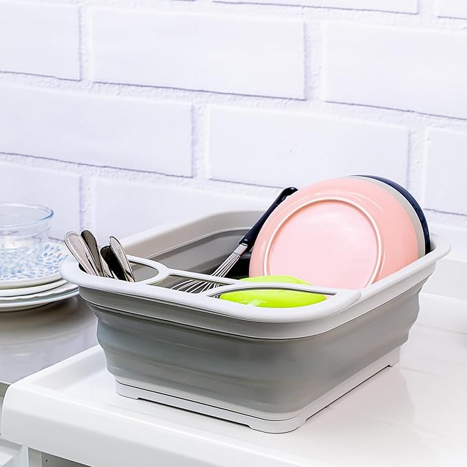 SAMMART Collapsible Dish Drainer with Drainer Board - Foldable Drying Rack Set - Portable Dinnerware Organizer - Space Saving Kitchen Storage Tray (1, Grey)