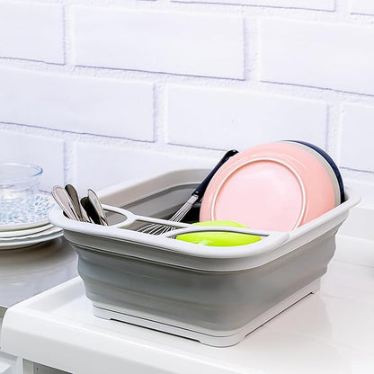 SAMMART Collapsible Dish Drainer with Drainer Board - Foldable Drying Rack Set - Portable Dinnerware Organizer - Space Saving Kitchen Storage Tray (1, Grey)