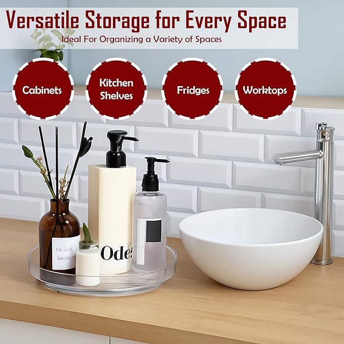 3 Pack Lazy Susan Turntable Organizer 9.25” Clear PET BPA-Free 360° Rotating Storage with Non-Skid Base & Raised Rim Thick Shatter- Plastic Spice Rack for Kitchen Cabinet, Pantry, Fridge & Bathroom