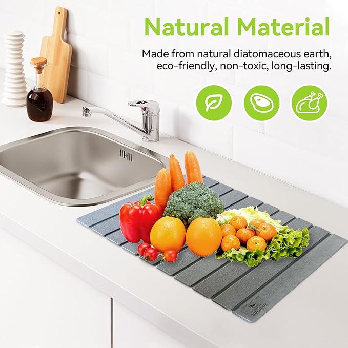 Large Stone Dish Drying Mats for Kitchen Counter - 24"(L)×16"(W) Quick Dry Collapsible Dish Drying Mat for Dishes Bottles Cups, Eco-friendly Diatomaceous Earth Absorbent Mat for Any Countertop Gray