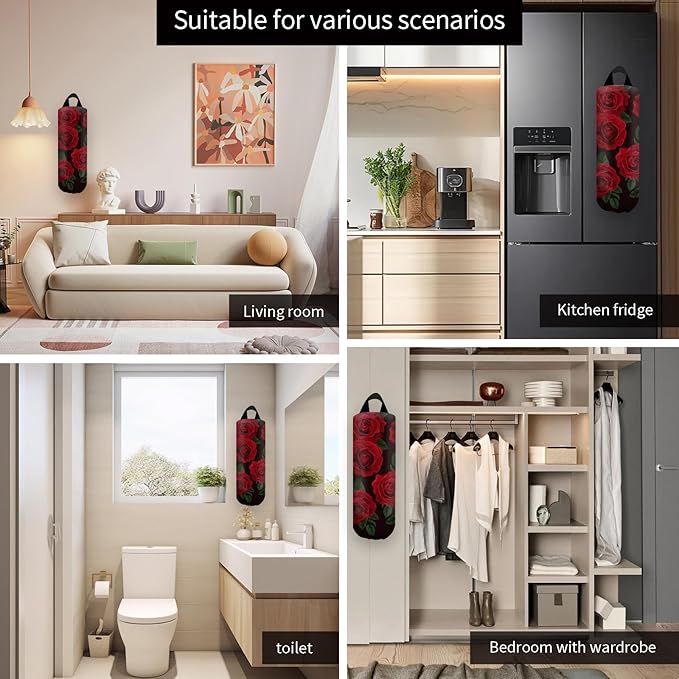 Plastic Bag Holder, Wall Mount Grocery Bag Organizer, Funny Hanging Trash Bag Storage Dispenser for Home Kitchen Cute Red Rose