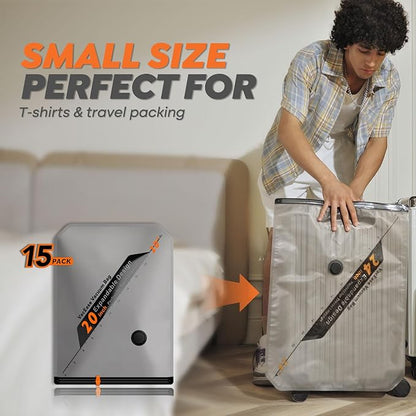 Rechargeable Wireless Pump Travel Storage Bags Set - 15 Pack Small Size Vacuum Bags for Travel & Home, Space-Saving Compression Packing for Clothes, Suitcase Luggage