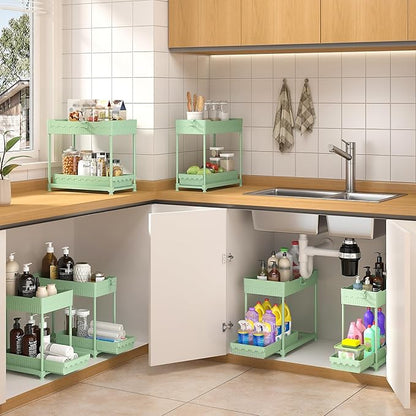 3 Pack Under Sink Organizers, 2-Tier Multi-Use Kitchen and Bathroom Organizers and Storage with Sliding Drawers，Bathroom Cabinet Organizer (Green, 14.8 Inch)