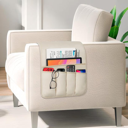 WETRBWEH TV Remote Control Holder Couch Caddy, Non-slip Bedside Caddy Organizer with 5 Pockets for Key Glasses Phone Magazine Holders (Beige, 35"x12.4")