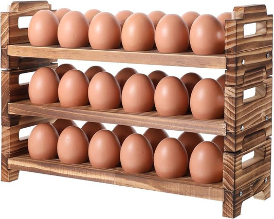 Egg Holder Countertop, 3-Tire Solid Wooden Egg Holder, Stackable Egg Storage Basket Holding Up to 36 Fresh Eggs, Chicken, Duck Eggs - Unfinished