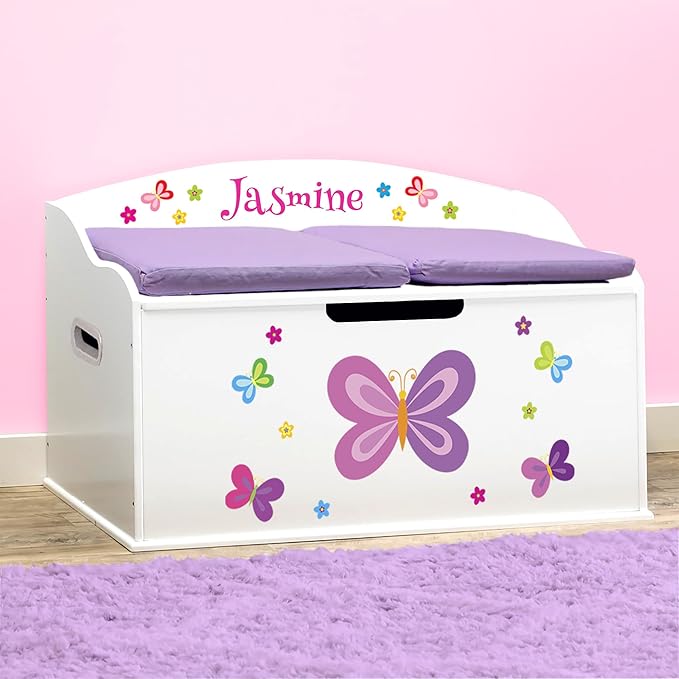 DIBSIES Personalized Creative Wonders Toy Box, Butterflies & Flowers, 30 x 19.25 x 18 inches, Soft-Close Lid (White)