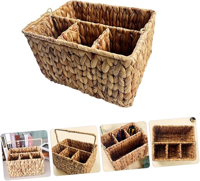 PRETYZOOM Woven Cutlery Holder with Handle Divided Utensil Storage Basket for Kitchen Organization Handmade Vine Material Portable and Practical Design for Dining Table Use