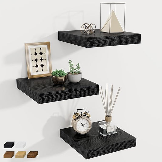 Fun Memories Square Floating Shelves for Wall, 9.3" W x 9.3" D x 1.4" H, Shelves for Wall with Invisible Brackets, Small Wood Storage Shelves for Kitchen, Living Room, Bedroom, Set of 3 (Black)