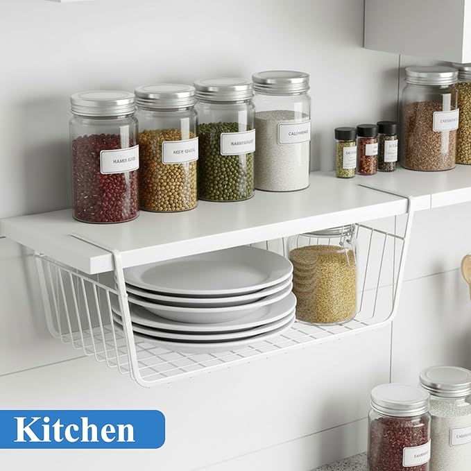 6 Pack Under Shelf Basket, Slide in Wire Hanging Storage Baskets, Slides Under Wire Shelves, Undershelf Hanging Storage Bin Basket for Kitchen, Pantry, Counter, Desk Bookshelf (Black)