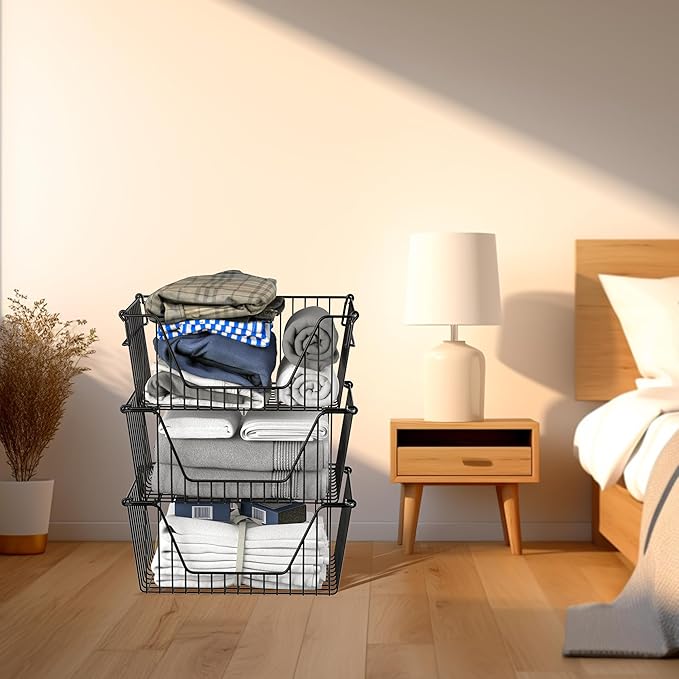 SANNO Black Stackable Wire Baskets Stacking Bins for Vegetable Storage Pantry, Fridge,Bathroom Storage Organization,4 pack
