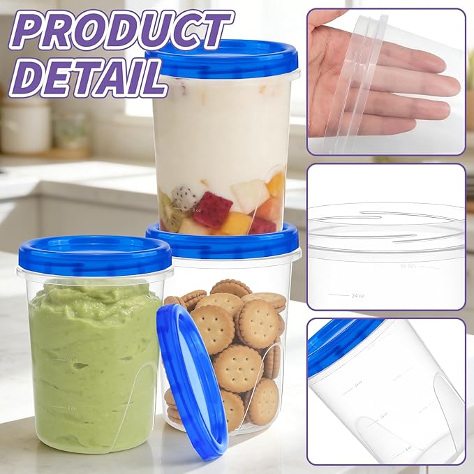 ISUSSER 6 Pack Freezer Containers with Screw On Lids, 32 Oz Stackable Reusable Plastic Storage Container, Airtight Plastic Food Storage Containers with Twist Top Lids for Food Soup Jello Sauce