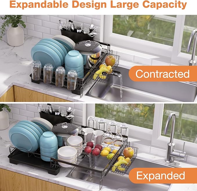 Vathingood Extendable Dish Drying Rack, Drying Rack with Automatic Drainboard, Dish Drainers for Kitchen Counter, Anti-Rust Dish Drainers with Cup Holders & Utensil, Black