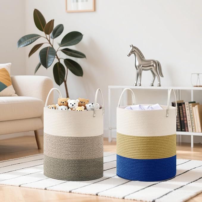 Cotton Rope Basket,Large Blanket Basket for Living Room,Woven cotton rope laundry baskets，For Bathroom Dirty Clothes ，Nursery Toys，pillow storage organization, 80L,Brown and white.