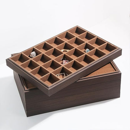 2Pcs/Set Ring Organizer Tray, Stackable Jewelry Organizer Trays for Drawer,100 Slots Wood Rings Earring Stud Jewelry Displays for Store Selling or Home Show