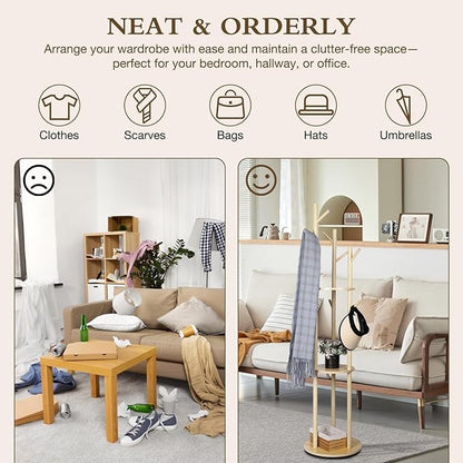 Wood Coat Rack with 3 Shelves and 9 Hooks, Freestanding Rotary Coat Tree for Entryway, Bedroom, Living Room, Hallway – Holds Jackets, Coats, Hats, Bags (Natural)