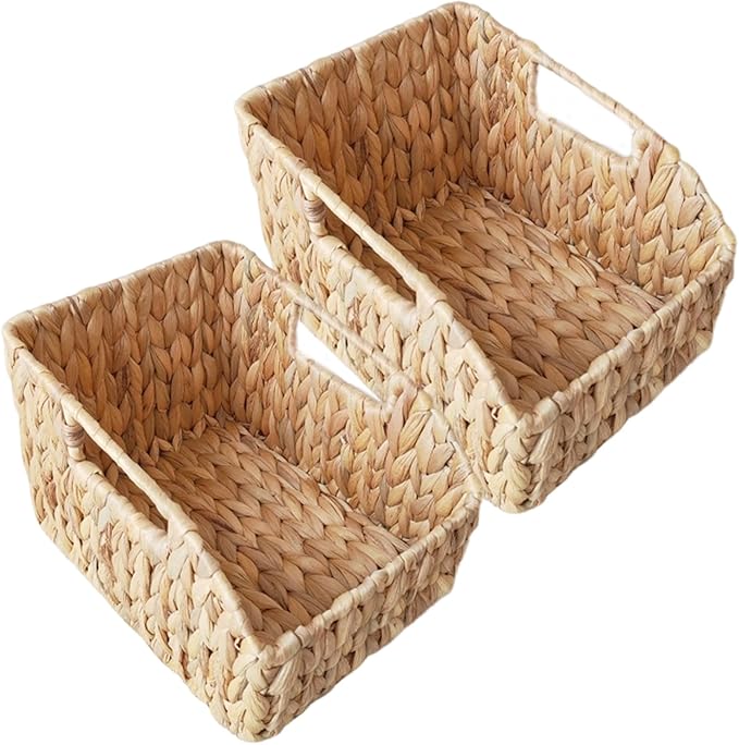 2Pcs Woven Basket Water Hyacinth Wicker Storage Basket with Build-in Handle Rustic Pantry Baskets Organizer for Kitchen Shel