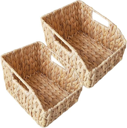 2Pcs Woven Basket Water Hyacinth Wicker Storage Basket with Build-in Handle Rustic Pantry Baskets Organizer for Kitchen Shel
