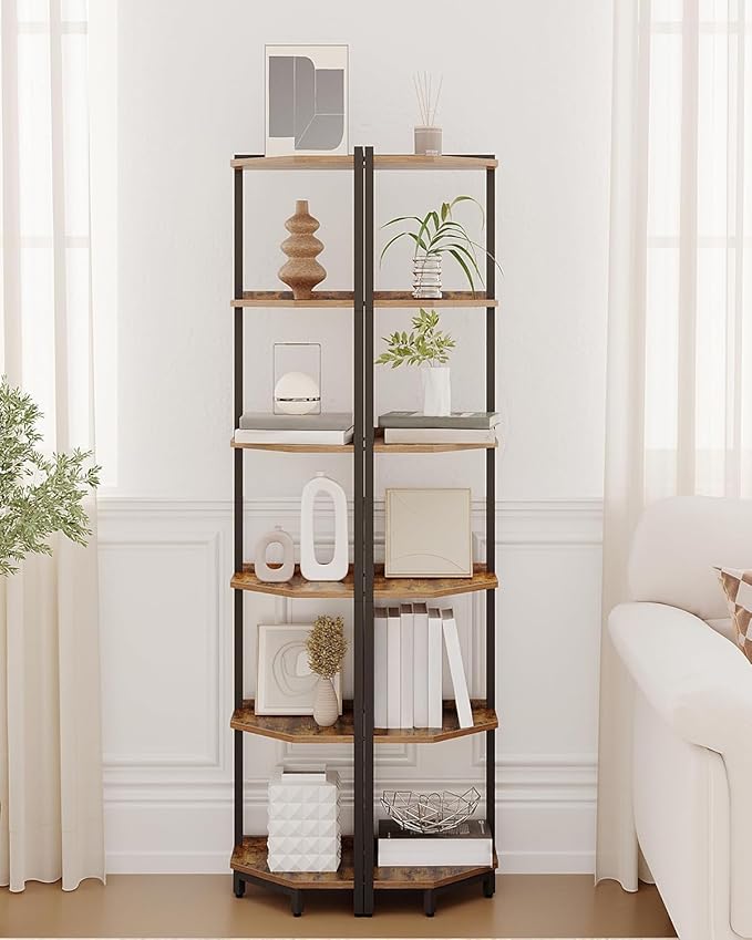 Corner Shelf Stand, Corner Bookshelf, Storage Standing Shelf Unit with Metal Frame, Plant Stand, Corner Bookcase for Living Room, Home Office, Bedroom, 6-Tier Rustic Brown CS06001B