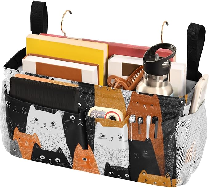 CuwrYet Bedside Caddy Hanging Bunk Bed Caddy Bed Organizer Hanging Pocket with 2 Hooks Bedside Storage Organizer Pocket Bag Holder Black and White Orange Cat