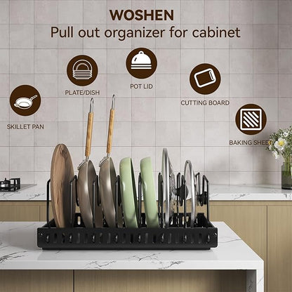 2PCS Black Pot Lid Organizer, Pull-out Pots and Pans Organizer, Under Cabinet Pot Lid Holder for Kitchen, Sliding type Pots and Pans Storage with 16 Adjustable Dividers for Cabinet Pantry Countertop