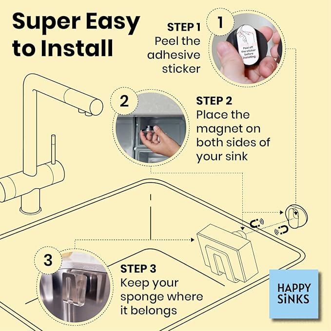 HAPPY SINKS Magnetic Sponge Holder - Kitchen Sink Organizer - Ideal for Kitchen Organization & Accessories - Sink Sponge Holder (Stainless Steel)