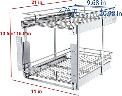 2 Tier Pull Out Cabinet Organizer, 11" W x 21" D Heavy-Duty Metal Sliding Drawer Shelf for Kitchen Cabinets, Chrome, Doesn't Include Door Fittings
