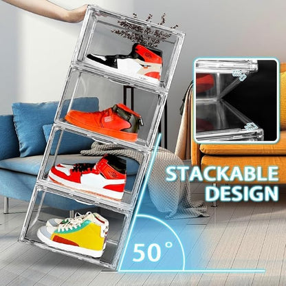 DAYOOH 5 Pack Acrylic Shoe Box Size 14, Clear Plastic Stackable Sneaker Shoe Display Case Transparent Storage Bins Handbag Organizer Containers with Magnetic Lids, Figures Collectibles Showcase